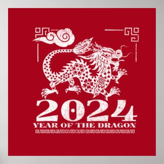 Póster Año del dragón de los zodiacos chinos rojos 2024