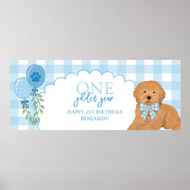 Póster Año dorado del cachorro doodle azul cumpleaños 1 (Frente)
