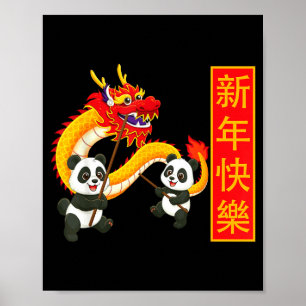 Póster Año Nuevo Chino Año del Caballo Panda Rojo Drago
