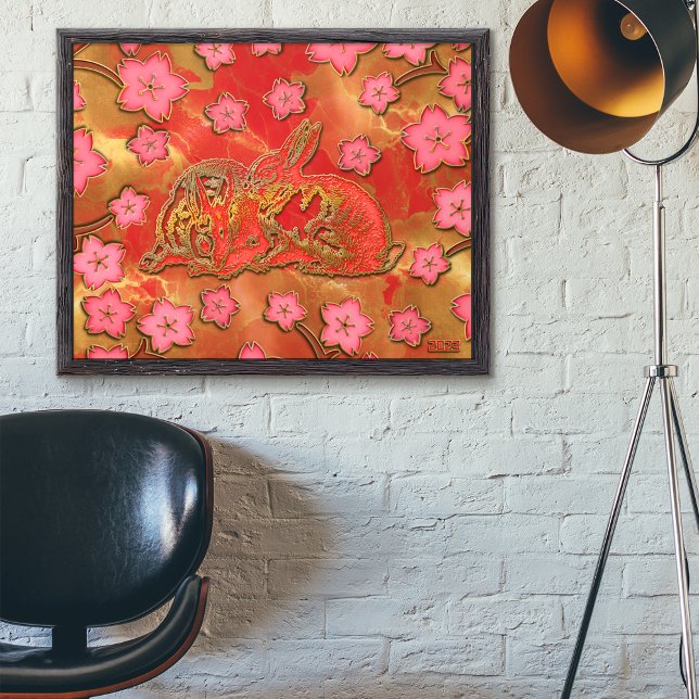 Póster Año Nuevo Chino Conejo Rojo Flor de Cerezo Dorada (Subido por el creador)