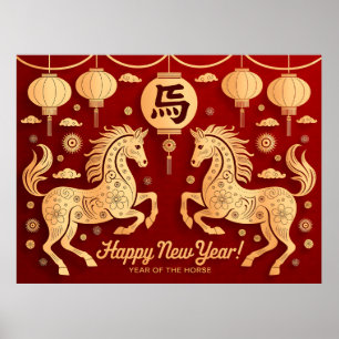 Póster Año Nuevo Chino del Caballo 2026. Feliz Año Nuevo