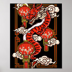 Póster Año Nuevo Chino Rojo del Dragón 2024 Faroles C