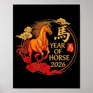 Póster Año Retro del Caballo 2026 Feliz Año Nuevo Lunar C
