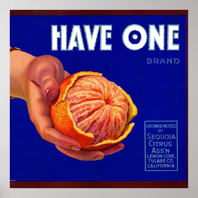 Póster Años 1940 con etiqueta de caja de un naranja (Frente)