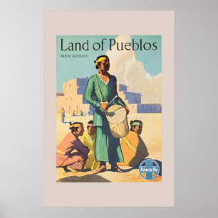 Póster Años 50 Santa Fe Tierra de Pueblos Nuevo México Vi