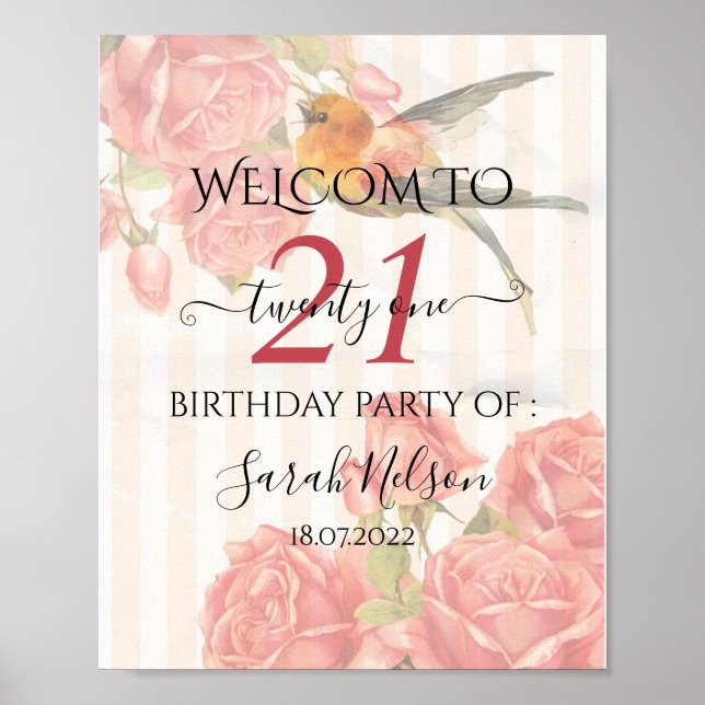 Póster Antecedentes Con Rayas Rosa, Rosas Y Colibri (Frente)