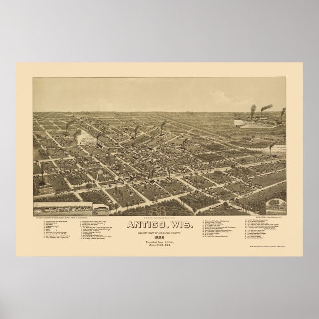 Póster Antigo, WI Mapa Panorámico - 1886 (Frente)