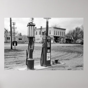 Póster Antigua estación de gas de Iowa; 1940