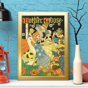 Póster Antigua Madre Oca leyendo libros a niños