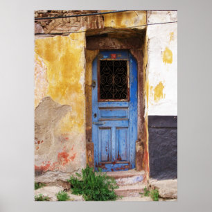 Póster Antigua puerta azul en Mykonos Grecia