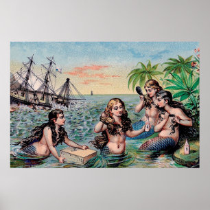 Póster Antigüedad de Sirena Mágica Océano Náutico