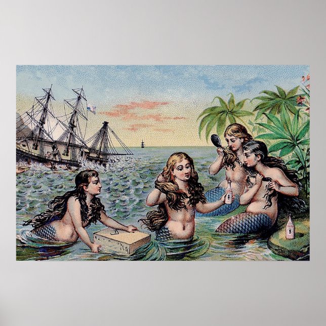 Póster Antigüedad de Sirena Mágica Océano Náutico (Frente)