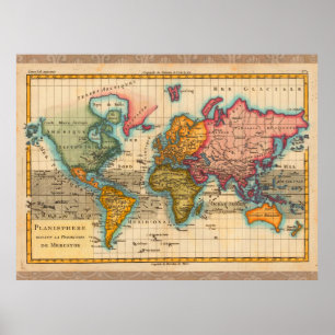 Póster Antigüedad del Mapa Mundial de los Años 1700