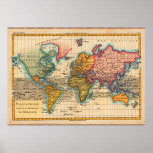 Póster Antigüedad del Mapa Mundial de los Años 1700