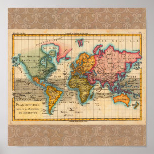 Póster Antigüedad del Mapa Mundial de los Años 1700