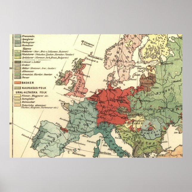 Póster Antigüedad mundial de los países del mapa de Europ (Frente)