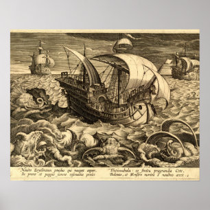 Póster Antiguo 1590 Barcos y Monstruos Marinos