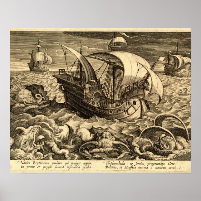 Póster Antiguo 1590 Barcos y Monstruos Marinos (Frente)