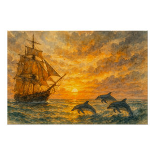 Póster Antiguo Amanecer de Barco