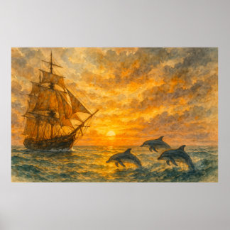 Póster Antiguo Amanecer de Barco