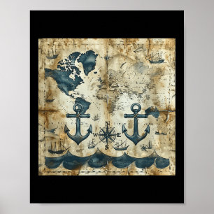 Póster Antiguo Ancla de Barco de Vela Pirata Náutico Vint