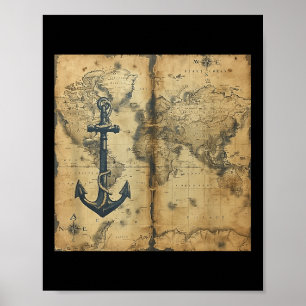 Póster Antiguo Ancla de Barco de Vela Pirata Náutico Vint