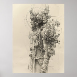 Póster Antiguo Azteca Tolteca Dios Poster de boceto a láp