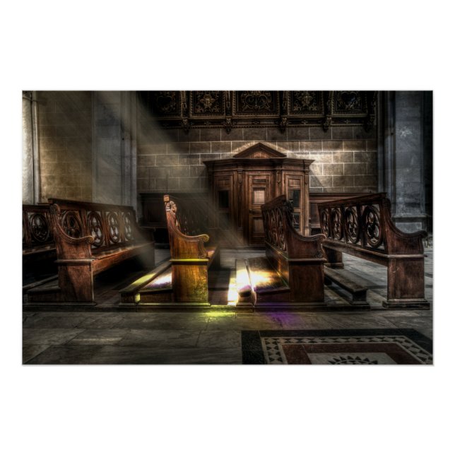 Póster Antiguo banco de iglesia de madera con rodillo (Anverso)