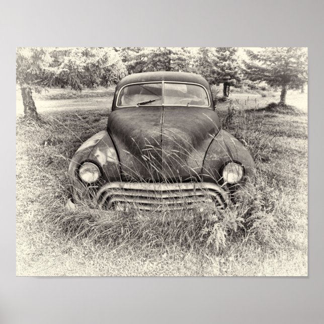 Póster Antiguo Coche Vintage Rústico Blanco Y Negro (Frente)