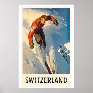 Póster antiguo de esquí de Suiza