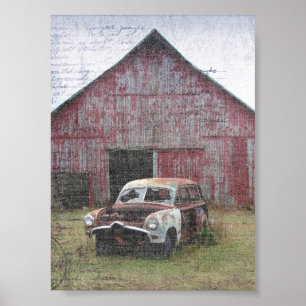 Póster Antiguo granero y auto abandonado