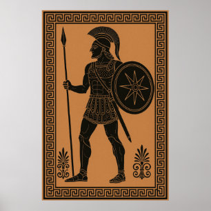 Póster Antiguo guerrero griego - Estilo de cerámica con f