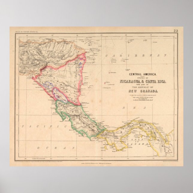 Póster Antiguo Mapa de América Central (1857) Países Lati (Frente)