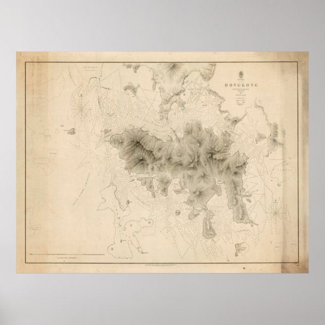 Póster Antiguo mapa de Hong Kong (1843) Puerto de China (Frente)