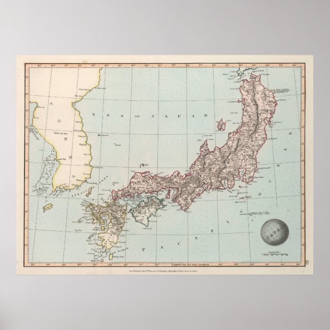 Póster Antiguo mapa de Japón (1850) Viejo Atlas Nippon (Frente)