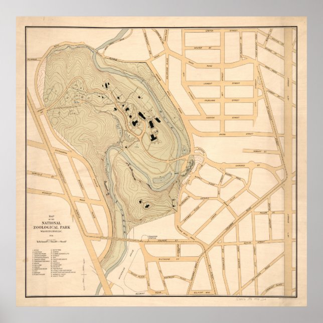 Póster Antiguo mapa de ZOO de DC (1914) Zoológico Naciona (Frente)