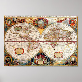Póster Antiguo medieval, histórico Mapa Mundial Nova Toti