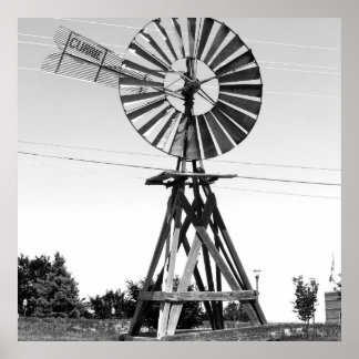 Póster Antiguo molino de viento blanco negro fotografía a
