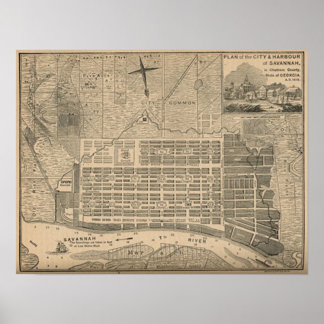Póster Antiguo Plan de la Ciudad de Savannah (Frente)