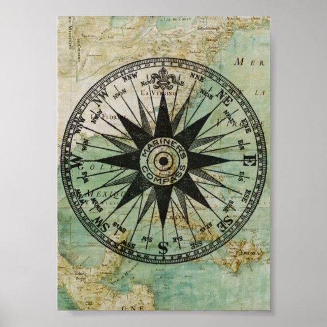 Póster Antiguo Poster de brújulas y mapas náuticos (Frente)