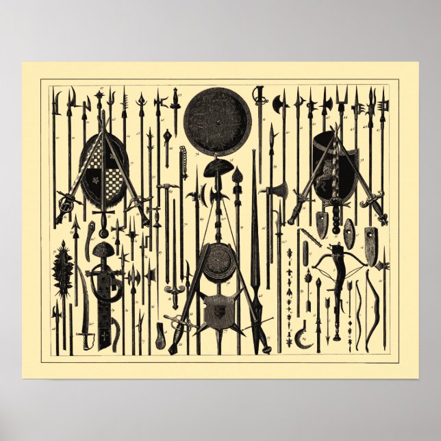 Póster Antiguos Ilustraciones de armas medievales (Frente)