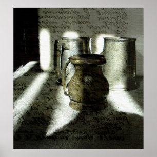 Póster Antiguos Mugs de Cobre y Agua