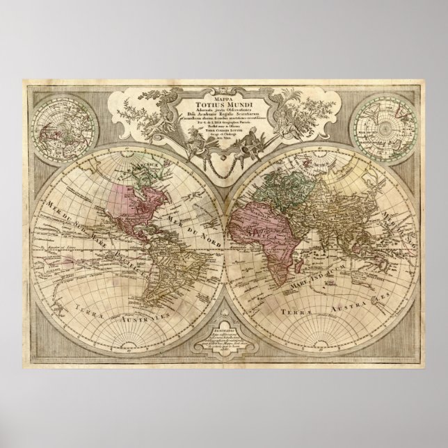 Póster Antique 1690 World Map by Guillaume de L'Isle (Frente)