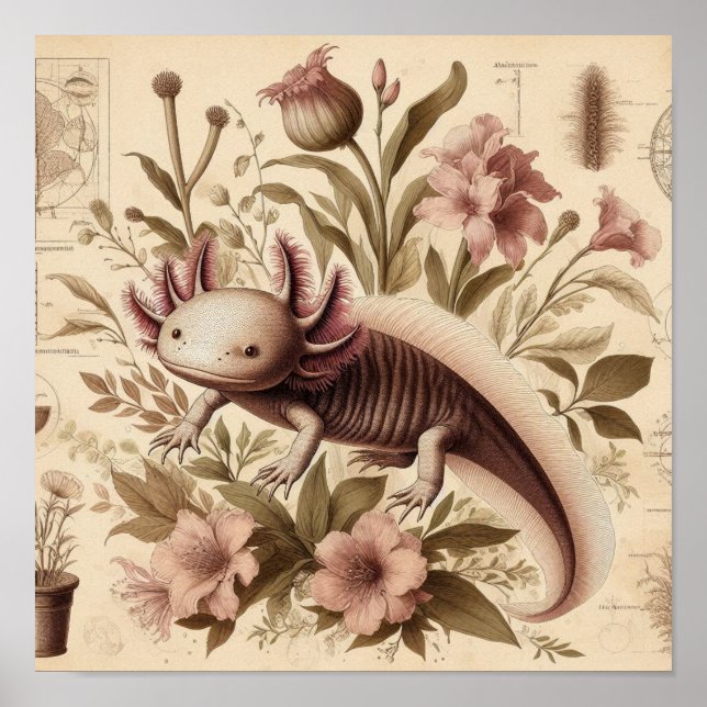 Póster Antique Axolotl Drawing With Aquatic Florals Label (Frente)