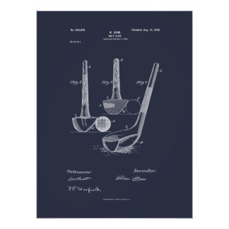 Póster Antique Golf Club 1900, dibujo de patentes