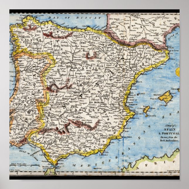 Póster Antique Map of Spain & Portugal circa 1700's (Frente)