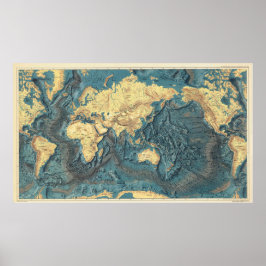 Póster Antique Ocean Relief World Map: Yellow Continents 