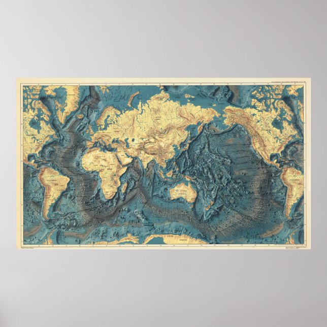 Póster Antique Ocean Relief World Map: Yellow Continents  (Frente)