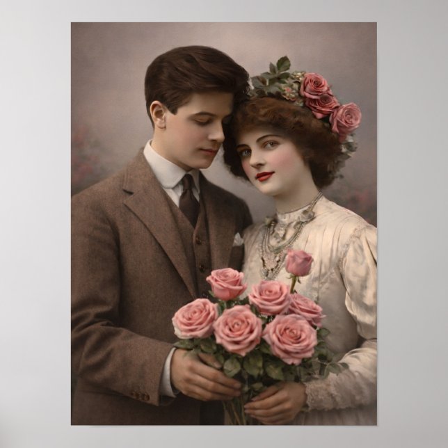 Póster Antique Romantic Couple with Roses Poster (Frente)