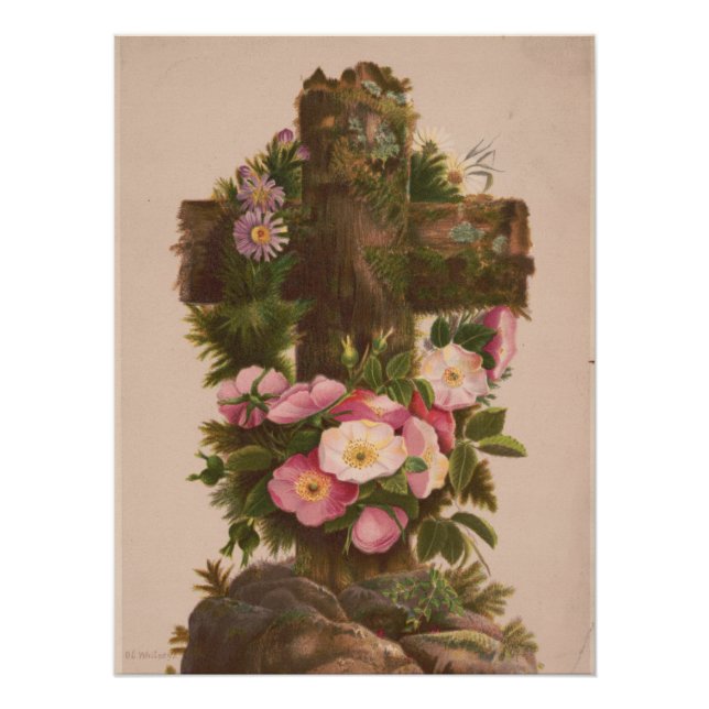 Póster Antique Rustic Cross, Wild Roses, Easter Card, (Anverso)